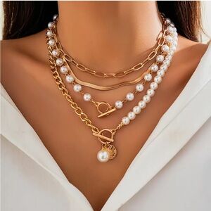Boho Chic Gold-tone and Faux Pearl Layered 4pc Necklace Set